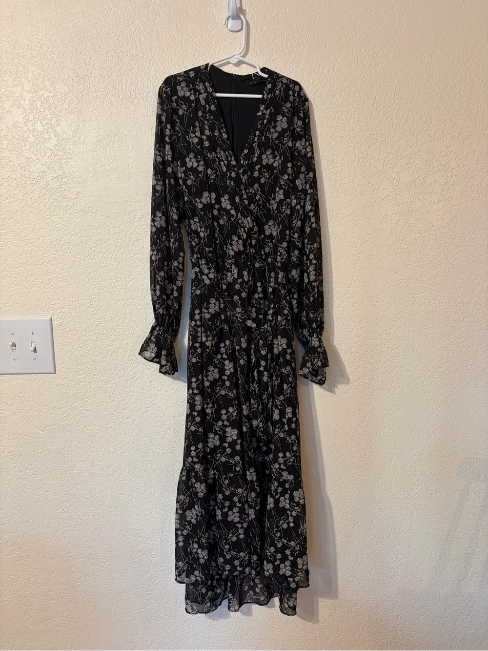 Solstice Black Floral Long-Sleeve Wrap Midi Dress